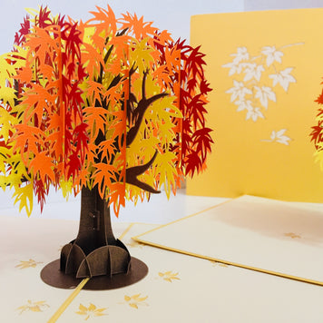 Metallic Japanese Maple Tree in Orange, Red & Yellow 3D POP UP GREETING CARD - Created by Origami Pop Cards Australian Design & Handmade 3D Pop Up Magical Paper Cards, Handmade Pop Up Cards Happy Valentine's Day Celebrate Love Heart Fell and Romantic