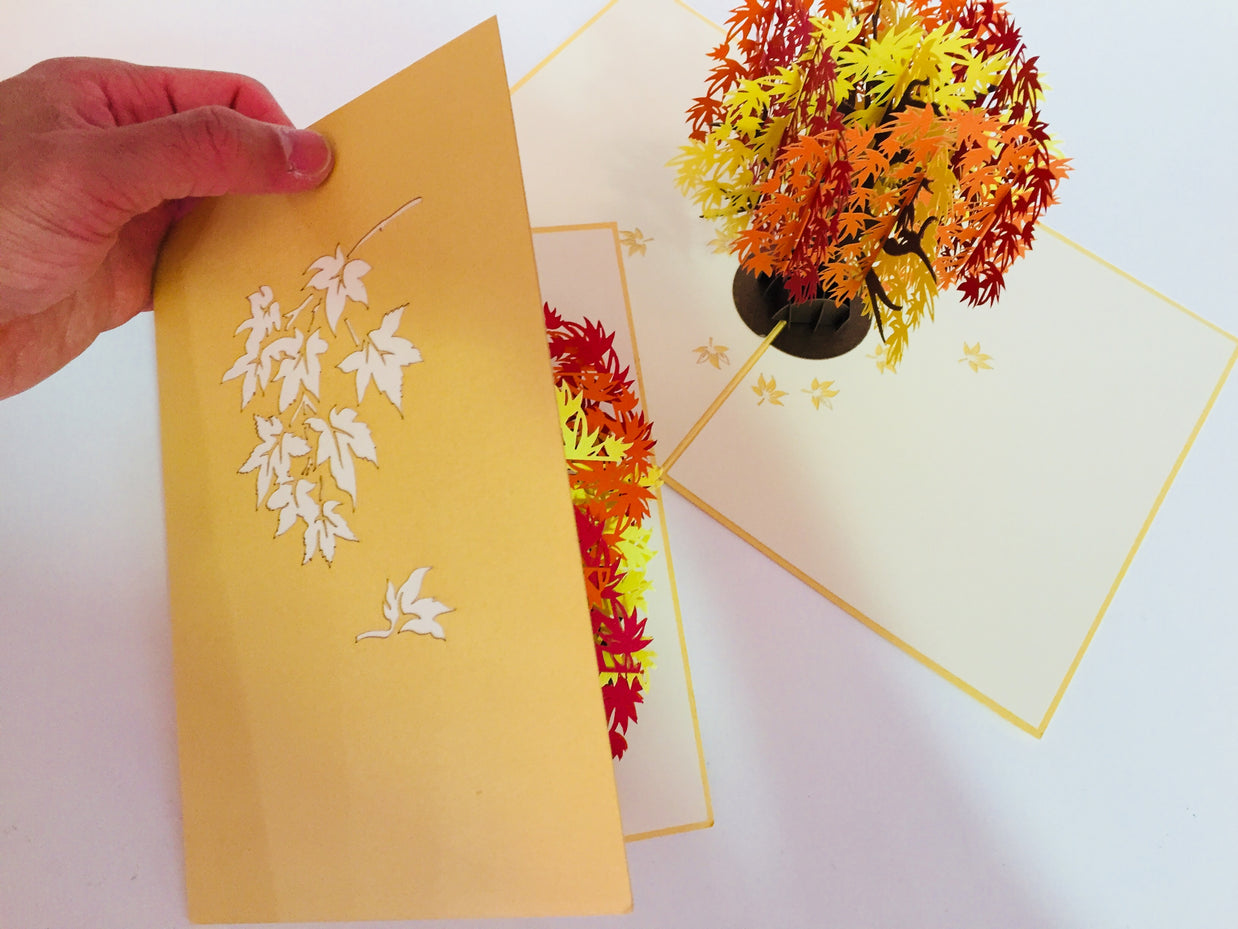 Metallic Japanese Maple Tree in Orange, Red & Yellow 3D POP UP GREETING CARD - Created by Origami Pop Cards Australian Design & Handmade 3D Pop Up Magical Paper Cards, Handmade Pop Up Cards Happy Valentine's Day Celebrate Love Heart Fell and Romantic