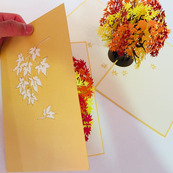 Metallic Japanese Maple Tree in Orange, Red & Yellow 3D POP UP GREETING CARD - Created by Origami Pop Cards Australian Design & Handmade 3D Pop Up Magical Paper Cards, Handmade Pop Up Cards Happy Valentine's Day Celebrate Love Heart Fell and Romantic