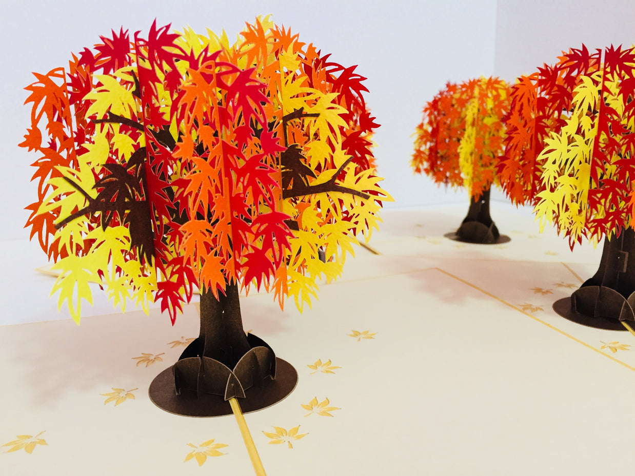 Metallic Japanese Maple Tree in Orange, Red & Yellow 3D POP UP GREETING CARD - Created by Origami Pop Cards Australian Design & Handmade 3D Pop Up Magical Paper Cards, Handmade Pop Up Cards Happy Valentine's Day Celebrate Love Heart Fell and Romantic