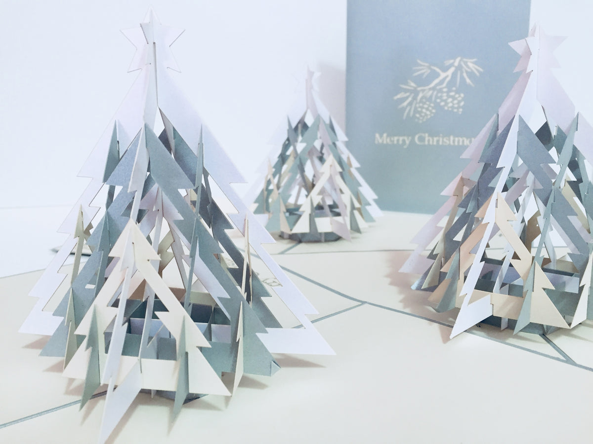 Metallic Large Christmas Tree in White & Silver Grey Origami Pop Cards 3D Pop Up Greeting Card Merry Christmas Thank You Handmade Best Wishes Blank Card Gift Happy Holidays Celebrate the Special Day