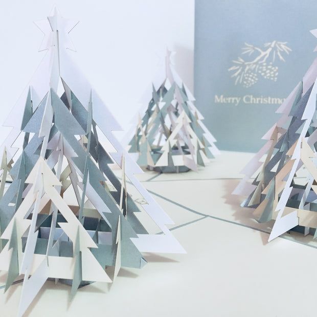 Metallic Large Christmas Tree in White & Silver Grey Origami Pop Cards 3D Pop Up Greeting Card Merry Christmas Thank You Handmade Best Wishes Blank Card Gift Happy Holidays Celebrate the Special Day