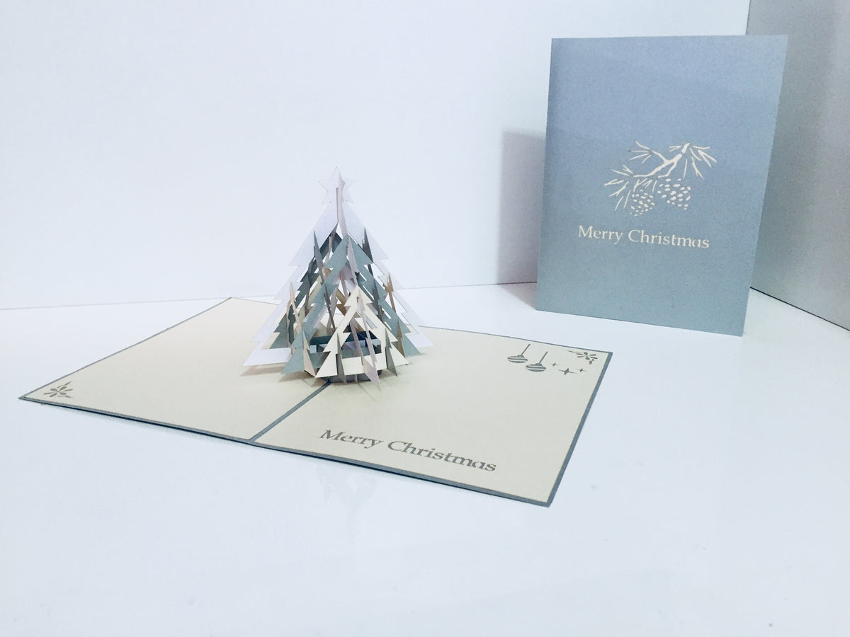 Metallic Large Christmas Tree in White & Silver Grey Origami Pop Cards 3D Pop Up Greeting Card Merry Christmas Thank You Handmade Best Wishes Blank Card Gift Happy Holidays Celebrate the Special Day
