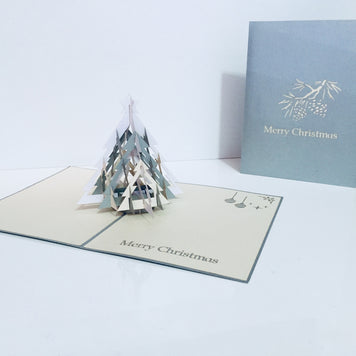 Metallic Large Christmas Tree in White & Silver Grey Origami Pop Cards 3D Pop Up Greeting Card Merry Christmas Thank You Handmade Best Wishes Blank Card Gift Happy Holidays Celebrate the Special Day