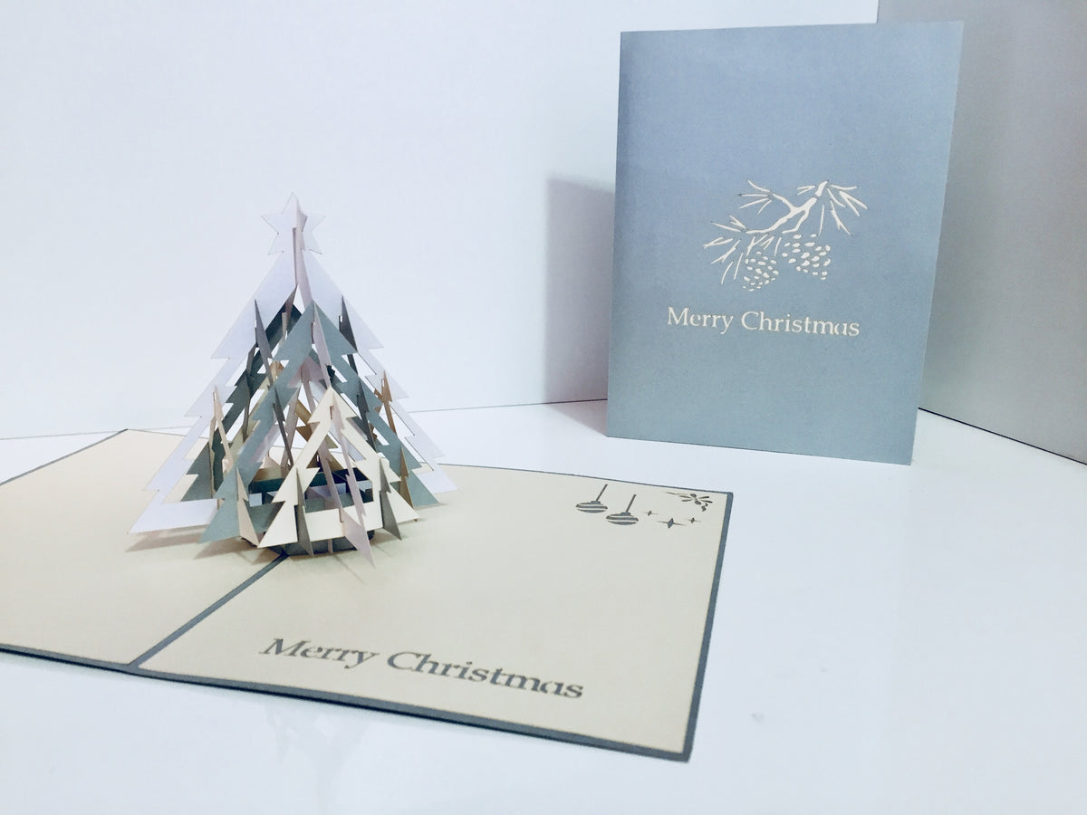 Metallic Large Christmas Tree in White & Silver Grey Origami Pop Cards 3D Pop Up Greeting Card Merry Christmas Thank You Handmade Best Wishes Blank Card Gift Happy Holidays Celebrate the Special Day