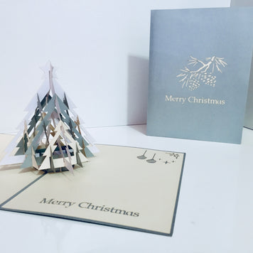 Metallic Large Christmas Tree in White & Silver Grey Origami Pop Cards 3D Pop Up Greeting Card Merry Christmas Thank You Handmade Best Wishes Blank Card Gift Happy Holidays Celebrate the Special Day