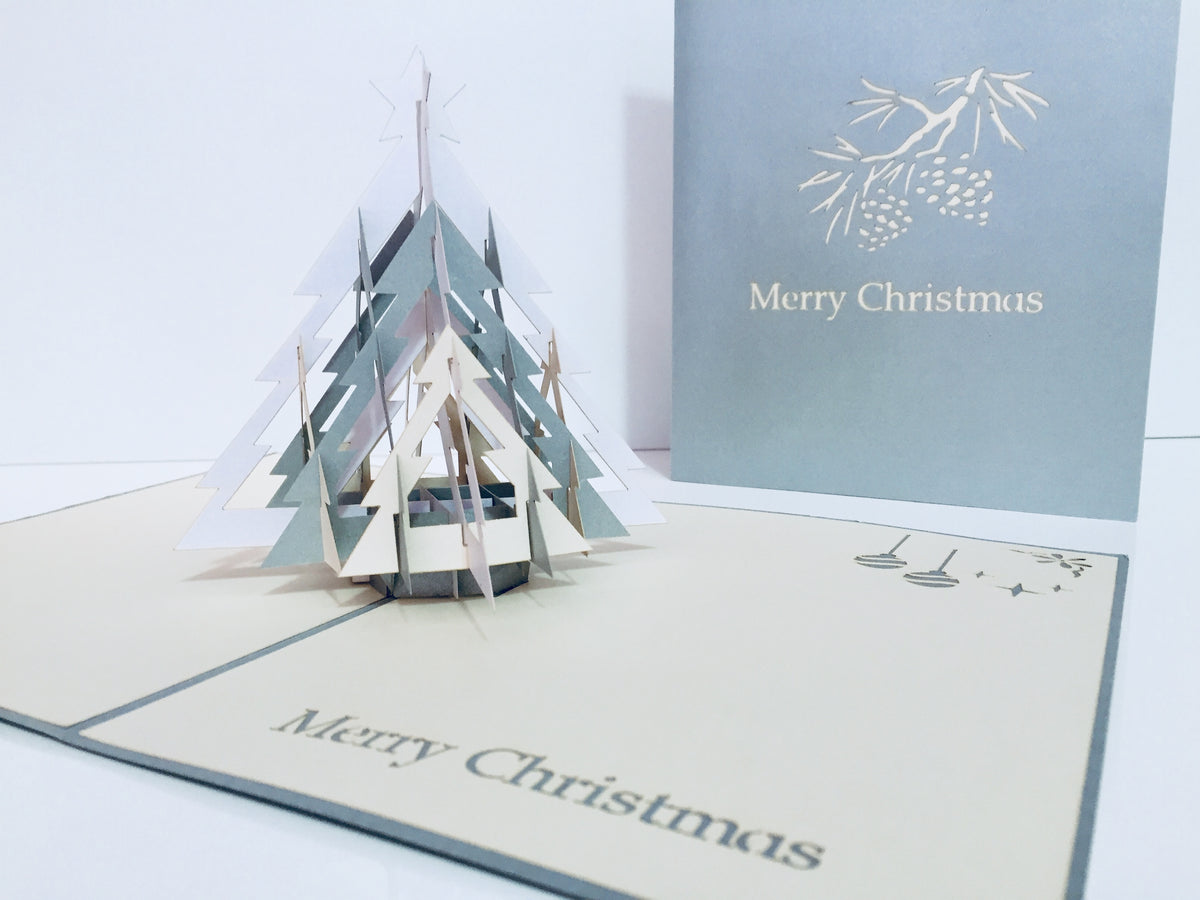 Metallic Large Christmas Tree in White & Silver Grey Origami Pop Cards 3D Pop Up Greeting Card Merry Christmas Thank You Handmade Best Wishes Blank Card Gift Happy Holidays Celebrate the Special Day