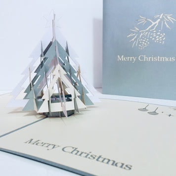 Metallic Large Christmas Tree in White & Silver Grey Origami Pop Cards 3D Pop Up Greeting Card Merry Christmas Thank You Handmade Best Wishes Blank Card Gift Happy Holidays Celebrate the Special Day