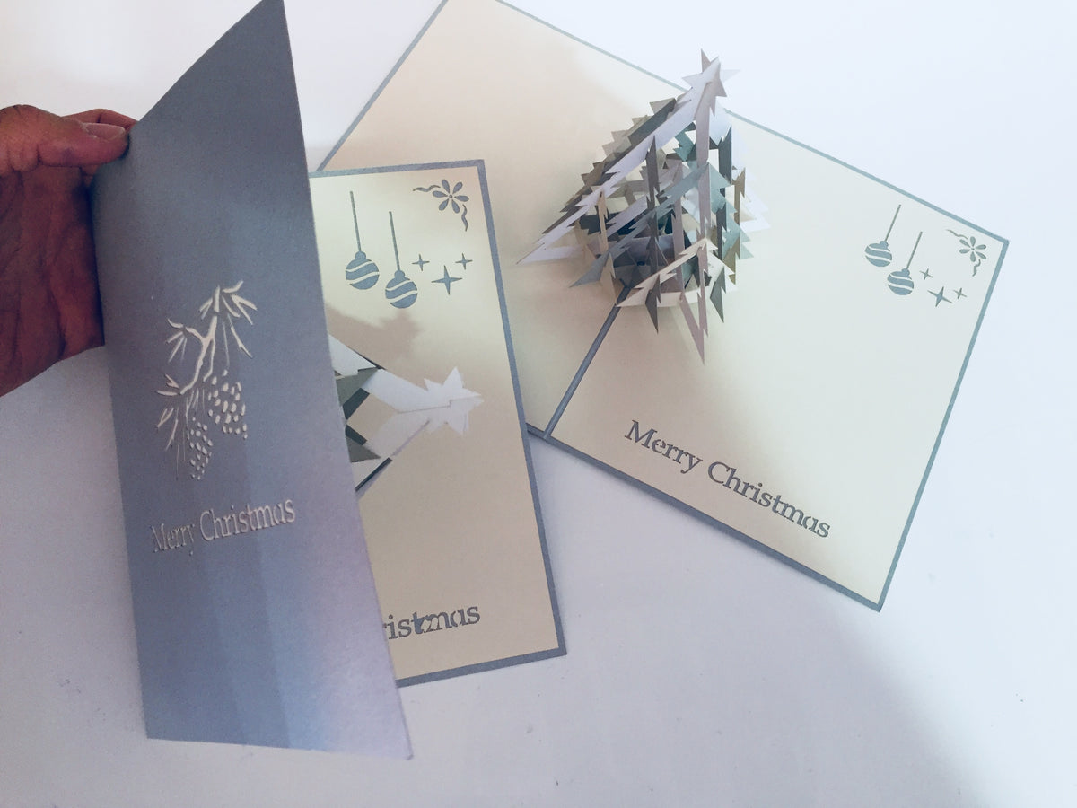 Metallic Large Christmas Tree in White & Silver Grey Origami Pop Cards 3D Pop Up Greeting Card Merry Christmas Thank You Handmade Best Wishes Blank Card Gift Happy Holidays Celebrate the Special Day