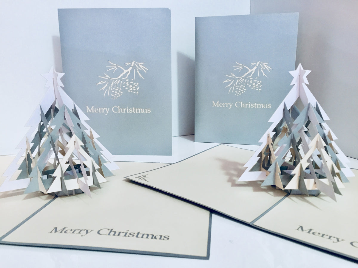 Metallic Large Christmas Tree in White & Silver Grey Origami Pop Cards 3D Pop Up Greeting Card Merry Christmas Thank You Handmade Best Wishes Blank Card Gift Happy Holidays Celebrate the Special Day