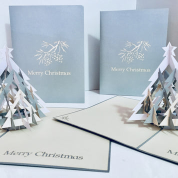 Metallic Large Christmas Tree in White & Silver Grey Origami Pop Cards 3D Pop Up Greeting Card Merry Christmas Thank You Handmade Best Wishes Blank Card Gift Happy Holidays Celebrate the Special Day