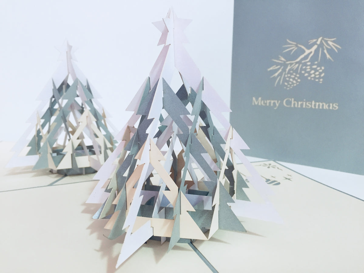 Metallic Large Christmas Tree in White & Silver Grey Origami Pop Cards 3D Pop Up Greeting Card Merry Christmas Thank You Handmade Best Wishes Blank Card Gift Happy Holidays Celebrate the Special Day