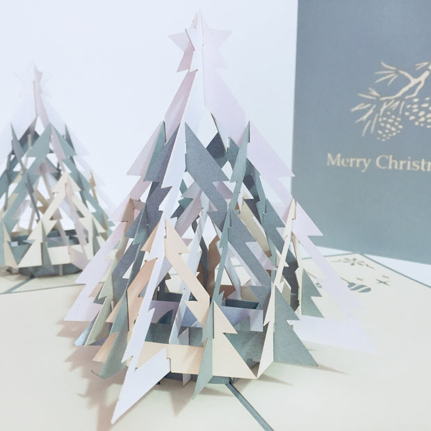 Metallic Large Christmas Tree in White & Silver Grey Origami Pop Cards 3D Pop Up Greeting Card Merry Christmas Thank You Handmade Best Wishes Blank Card Gift Happy Holidays Celebrate the Special Day