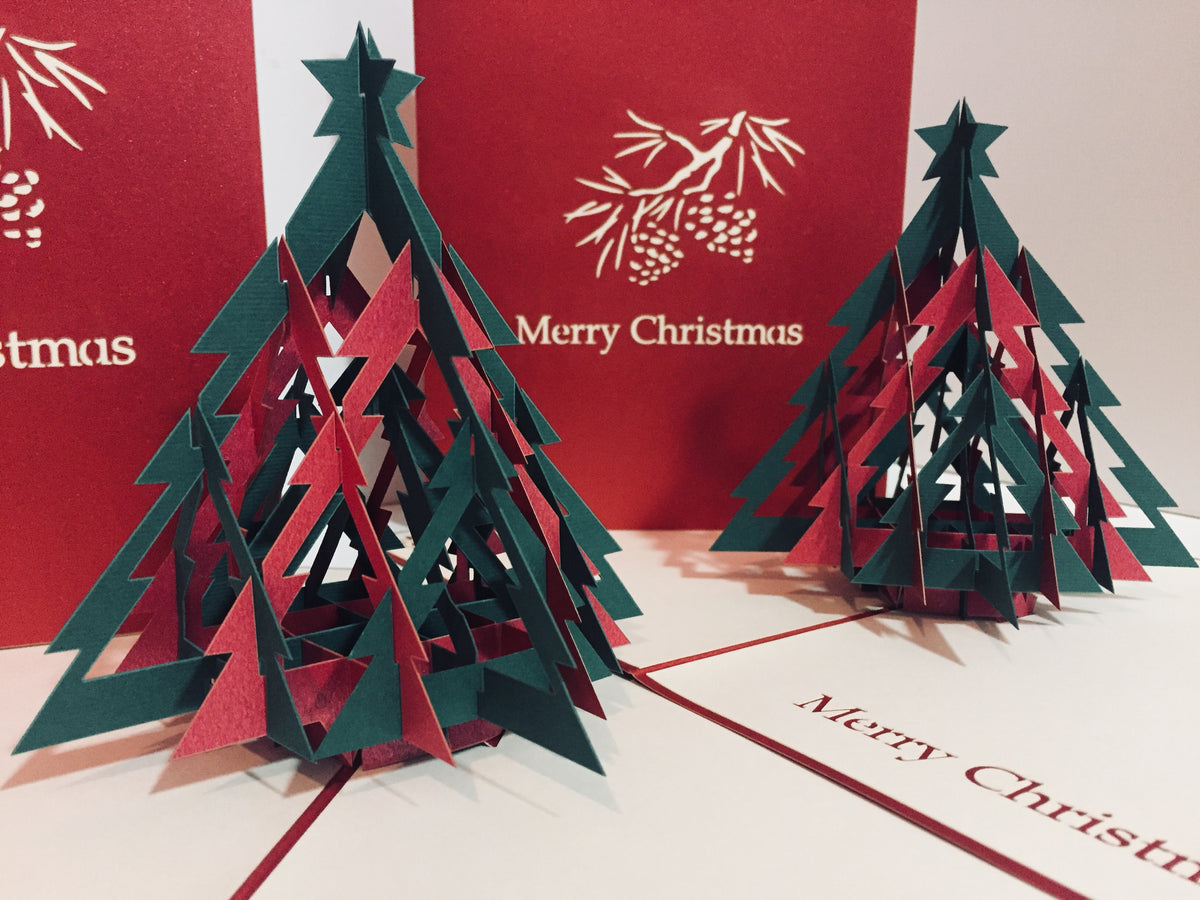 Metallic Christmas Large Tree in Red & Green Origami Pop Cards 3D Pop Up Greeting Card Merry Christmas Thank You Handmade Best Wishes Blank Card Gift Happy Holidays Celebrate the Special Day Party