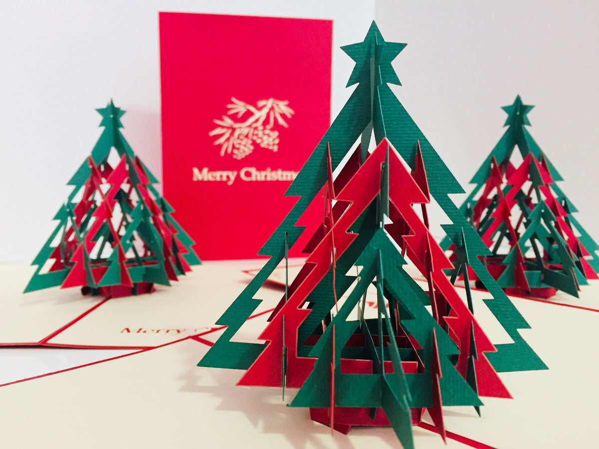 Metallic Christmas Large Tree in Red & Green Origami Pop Cards 3D Pop Up Greeting Card Merry Christmas Thank You Handmade Best Wishes Blank Card Gift Happy Holidays Celebrate the Special Day Party