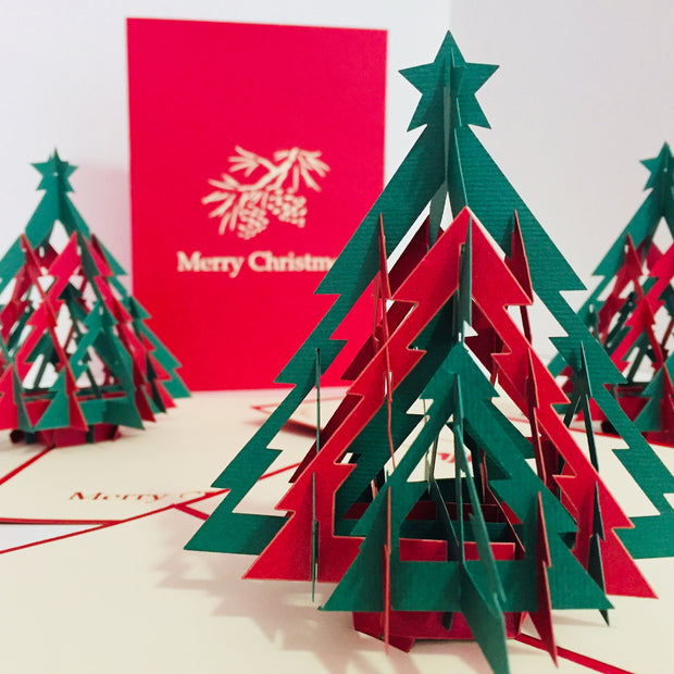 Metallic Christmas Large Tree in Red & Green Origami Pop Cards 3D Pop Up Greeting Card Merry Christmas Thank You Handmade Best Wishes Blank Card Gift Happy Holidays Celebrate the Special Day Party