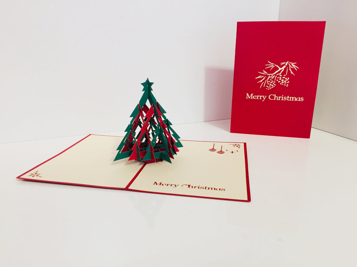 Metallic Christmas Large Tree in Red & Green Origami Pop Cards 3D Pop Up Greeting Card Merry Christmas Thank You Handmade Best Wishes Blank Card Gift Happy Holidays Celebrate the Special Day Party