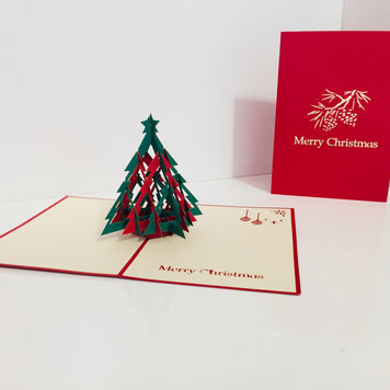 Metallic Christmas Large Tree in Red & Green Origami Pop Cards 3D Pop Up Greeting Card Merry Christmas Thank You Handmade Best Wishes Blank Card Gift Happy Holidays Celebrate the Special Day Party
