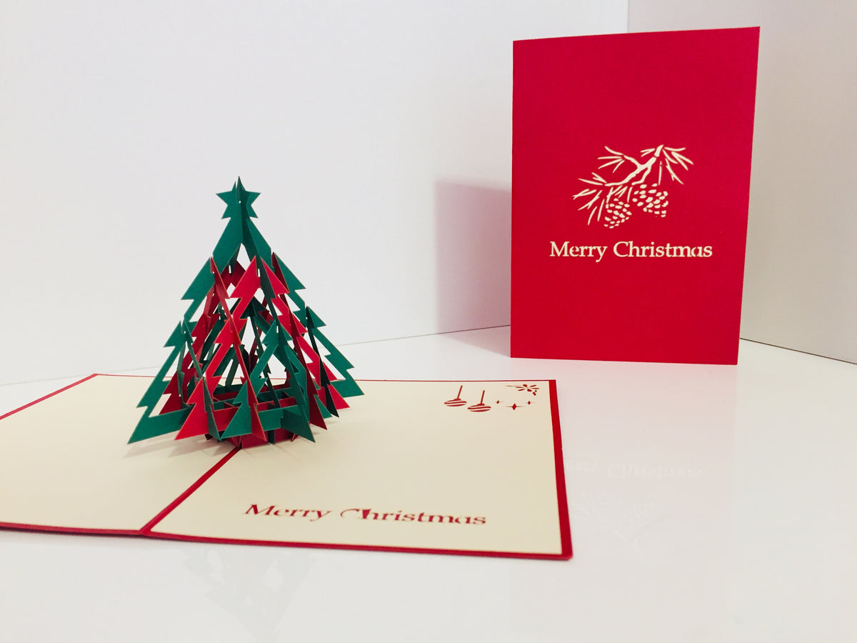 Metallic Christmas Large Tree in Red & Green Origami Pop Cards 3D Pop Up Greeting Card Merry Christmas Thank You Handmade Best Wishes Blank Card Gift Happy Holidays Celebrate the Special Day Party