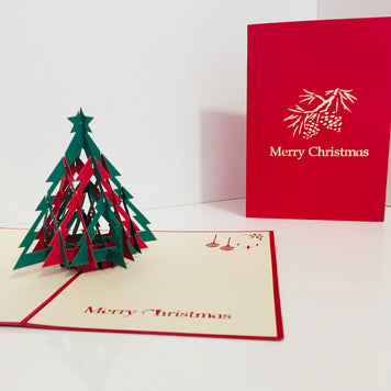 Metallic Christmas Large Tree in Red & Green Origami Pop Cards 3D Pop Up Greeting Card Merry Christmas Thank You Handmade Best Wishes Blank Card Gift Happy Holidays Celebrate the Special Day Party