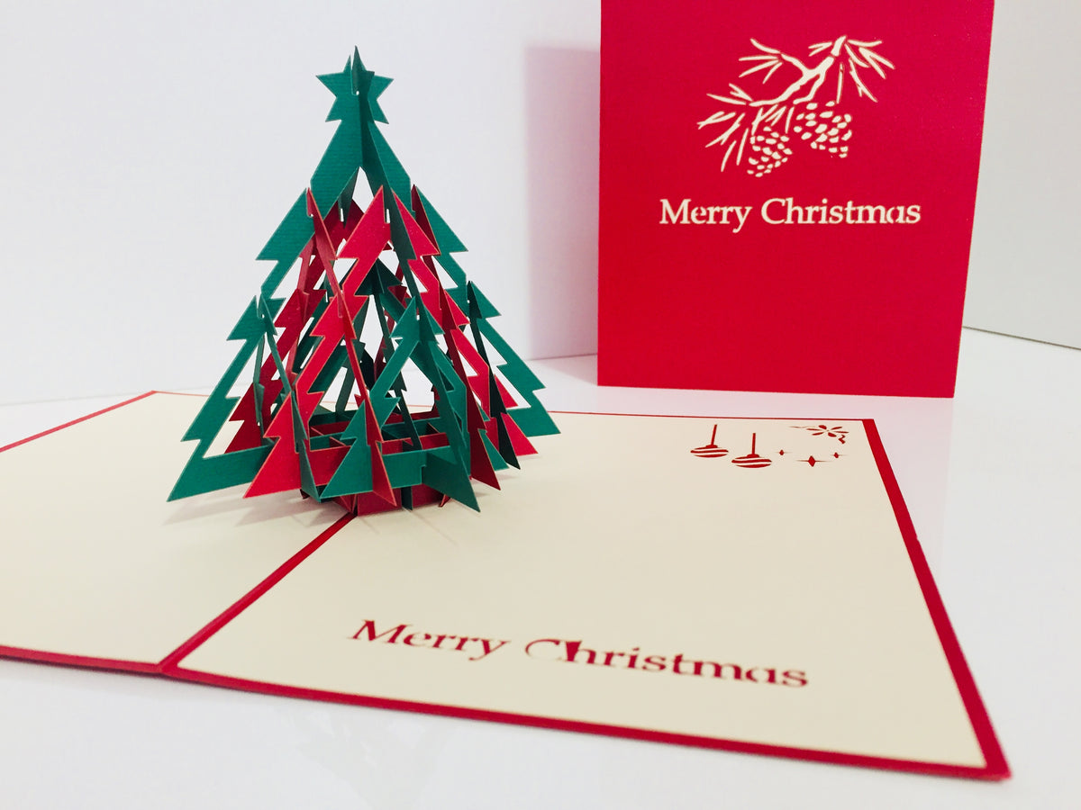 Metallic Christmas Large Tree in Red & Green Origami Pop Cards 3D Pop Up Greeting Card Merry Christmas Thank You Handmade Best Wishes Blank Card Gift Happy Holidays Celebrate the Special Day Party