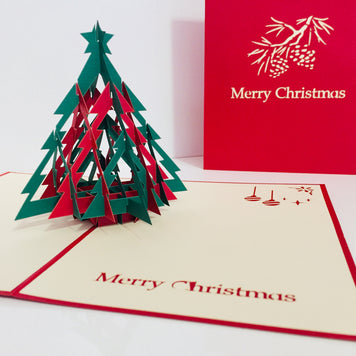 Metallic Christmas Large Tree in Red & Green Origami Pop Cards 3D Pop Up Greeting Card Merry Christmas Thank You Handmade Best Wishes Blank Card Gift Happy Holidays Celebrate the Special Day Party
