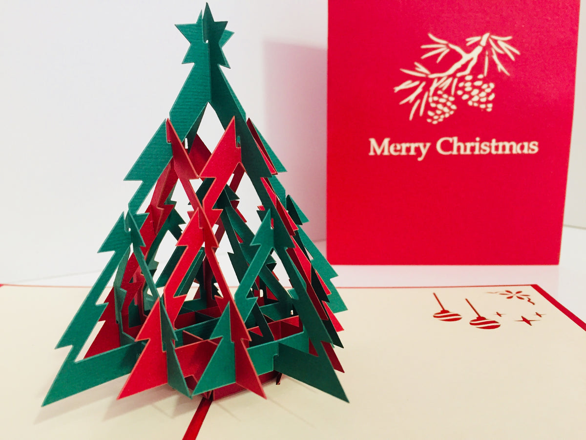 Metallic Christmas Large Tree in Red & Green Origami Pop Cards 3D Pop Up Greeting Card Merry Christmas Thank You Handmade Best Wishes Blank Card Gift Happy Holidays Celebrate the Special Day Party