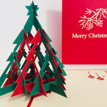 Metallic Christmas Large Tree in Red & Green Origami Pop Cards 3D Pop Up Greeting Card Merry Christmas Thank You Handmade Best Wishes Blank Card Gift Happy Holidays Celebrate the Special Day Party