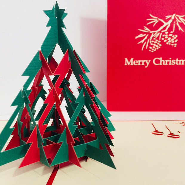 Metallic Christmas Large Tree in Red & Green Origami Pop Cards 3D Pop Up Greeting Card Merry Christmas Thank You Handmade Best Wishes Blank Card Gift Happy Holidays Celebrate the Special Day Party