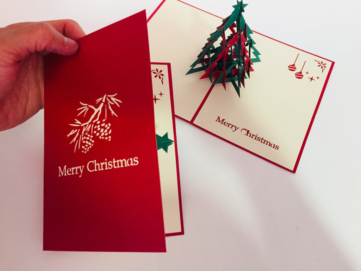 Metallic Christmas Large Tree in Red & Green Origami Pop Cards 3D Pop Up Greeting Card Merry Christmas Thank You Handmade Best Wishes Blank Card Gift Happy Holidays Celebrate the Special Day Party