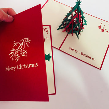 Metallic Christmas Large Tree in Red & Green Origami Pop Cards 3D Pop Up Greeting Card Merry Christmas Thank You Handmade Best Wishes Blank Card Gift Happy Holidays Celebrate the Special Day Party