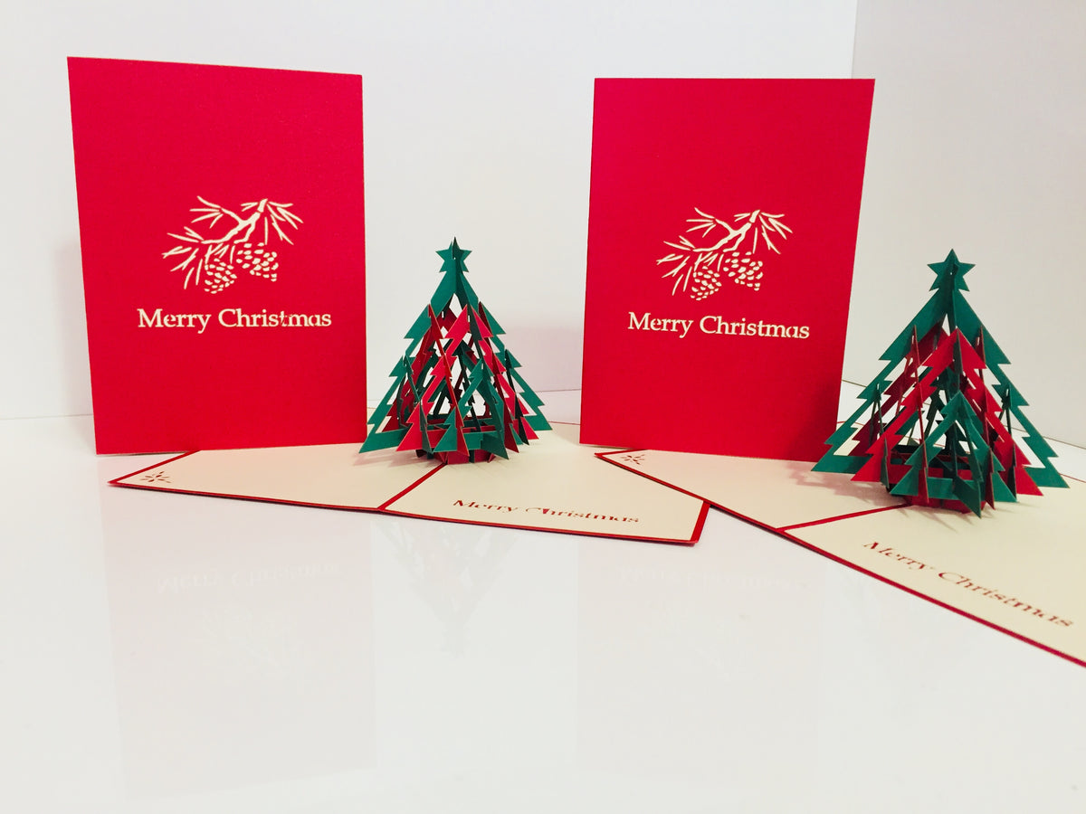 Metallic Christmas Large Tree in Red & Green Origami Pop Cards 3D Pop Up Greeting Card Merry Christmas Thank You Handmade Best Wishes Blank Card Gift Happy Holidays Celebrate the Special Day Party