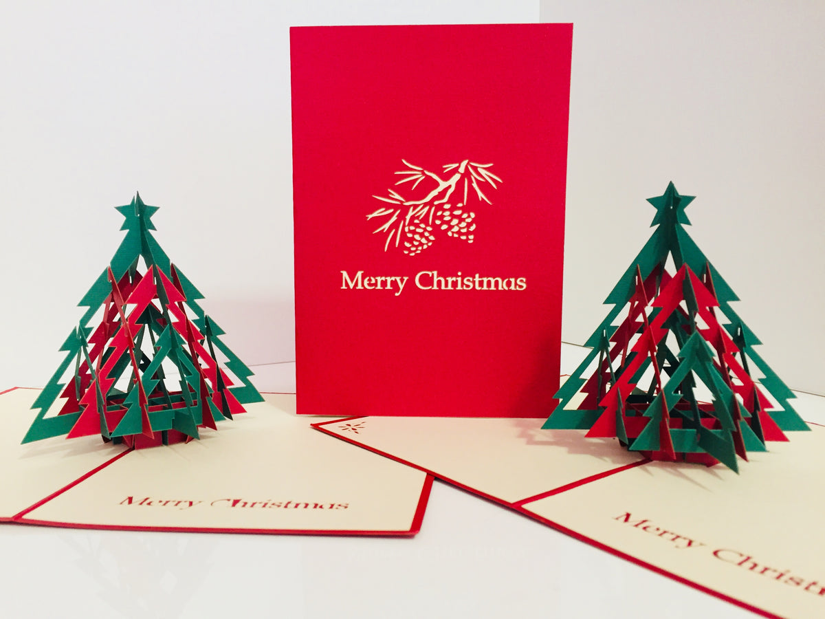 Metallic Christmas Large Tree in Red & Green Origami Pop Cards 3D Pop Up Greeting Card Merry Christmas Thank You Handmade Best Wishes Blank Card Gift Happy Holidays Celebrate the Special Day Party
