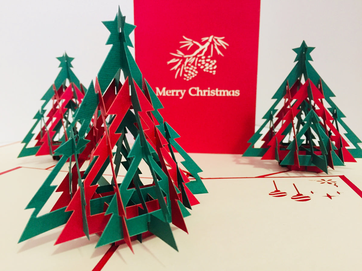 Metallic Christmas Large Tree in Red & Green Origami Pop Cards 3D Pop Up Greeting Card Merry Christmas Thank You Handmade Best Wishes Blank Card Gift Happy Holidays Celebrate the Special Day Party