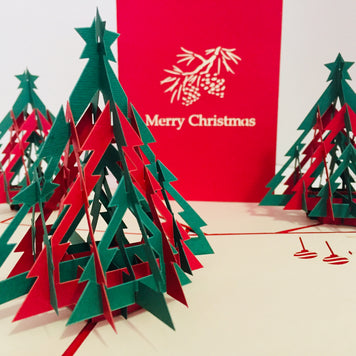 Metallic Christmas Large Tree in Red & Green Origami Pop Cards 3D Pop Up Greeting Card Merry Christmas Thank You Handmade Best Wishes Blank Card Gift Happy Holidays Celebrate the Special Day Party