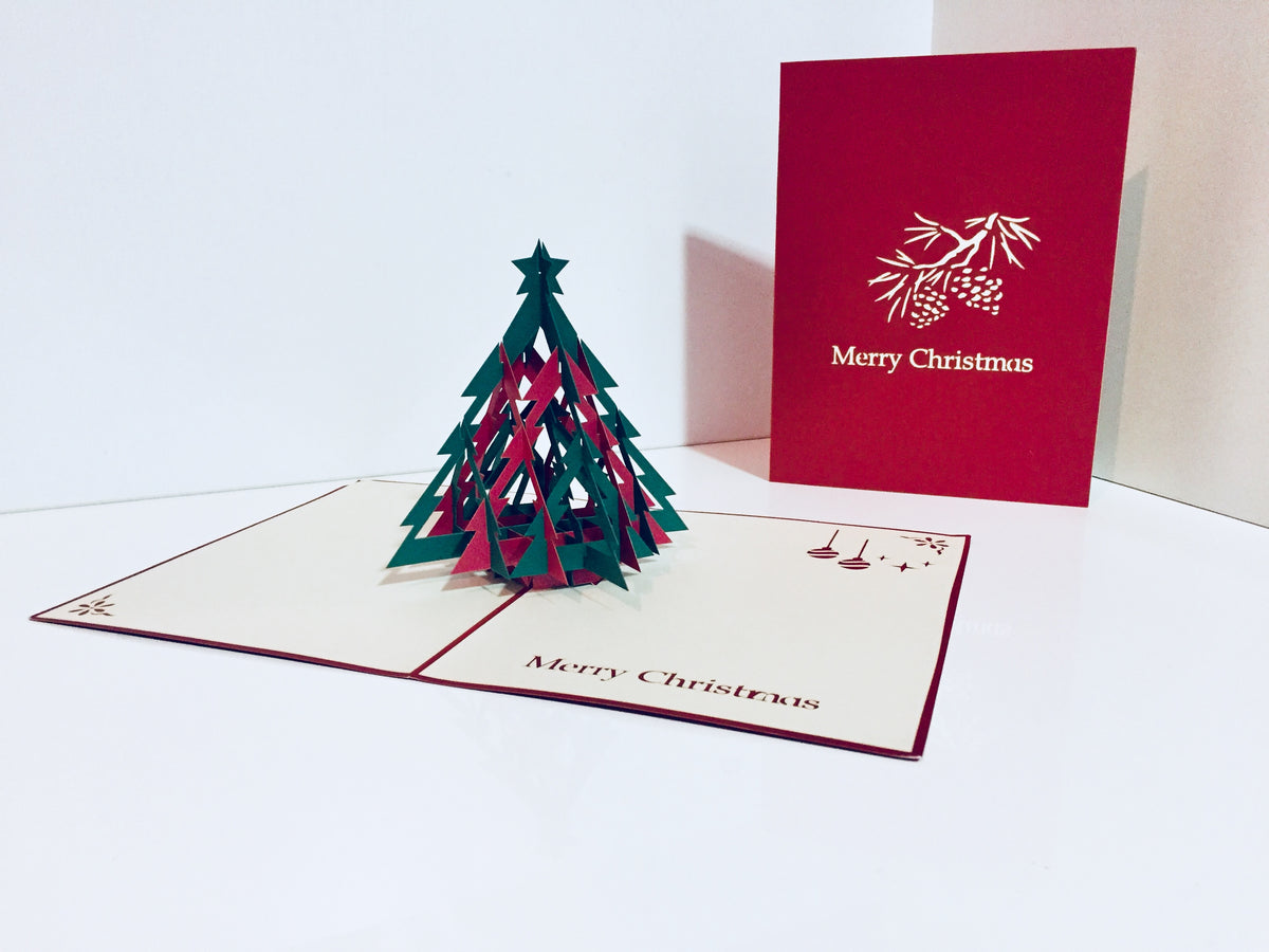 Metallic Christmas Large Tree in Red & Green Origami Pop Cards 3D Pop Up Greeting Card Merry Christmas Thank You Handmade Best Wishes Blank Card Gift Happy Holidays Celebrate the Special Day Party
