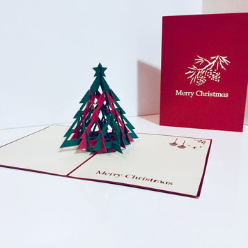 Metallic Christmas Large Tree in Red & Green Origami Pop Cards 3D Pop Up Greeting Card Merry Christmas Thank You Handmade Best Wishes Blank Card Gift Happy Holidays Celebrate the Special Day Party