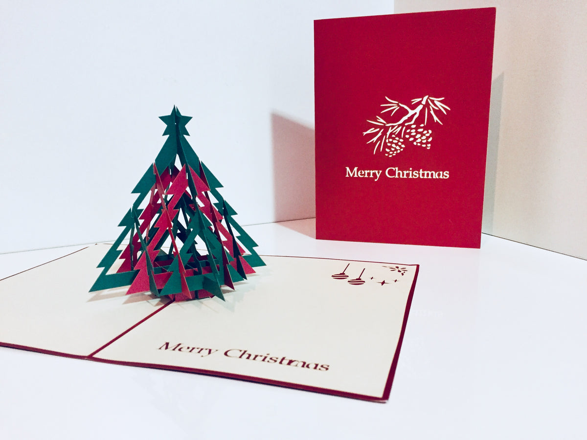 Metallic Christmas Large Tree in Red & Green Origami Pop Cards 3D Pop Up Greeting Card Merry Christmas Thank You Handmade Best Wishes Blank Card Gift Happy Holidays Celebrate the Special Day Party
