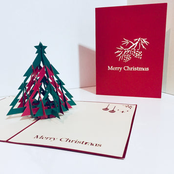 Metallic Christmas Large Tree in Red & Green Origami Pop Cards 3D Pop Up Greeting Card Merry Christmas Thank You Handmade Best Wishes Blank Card Gift Happy Holidays Celebrate the Special Day Party