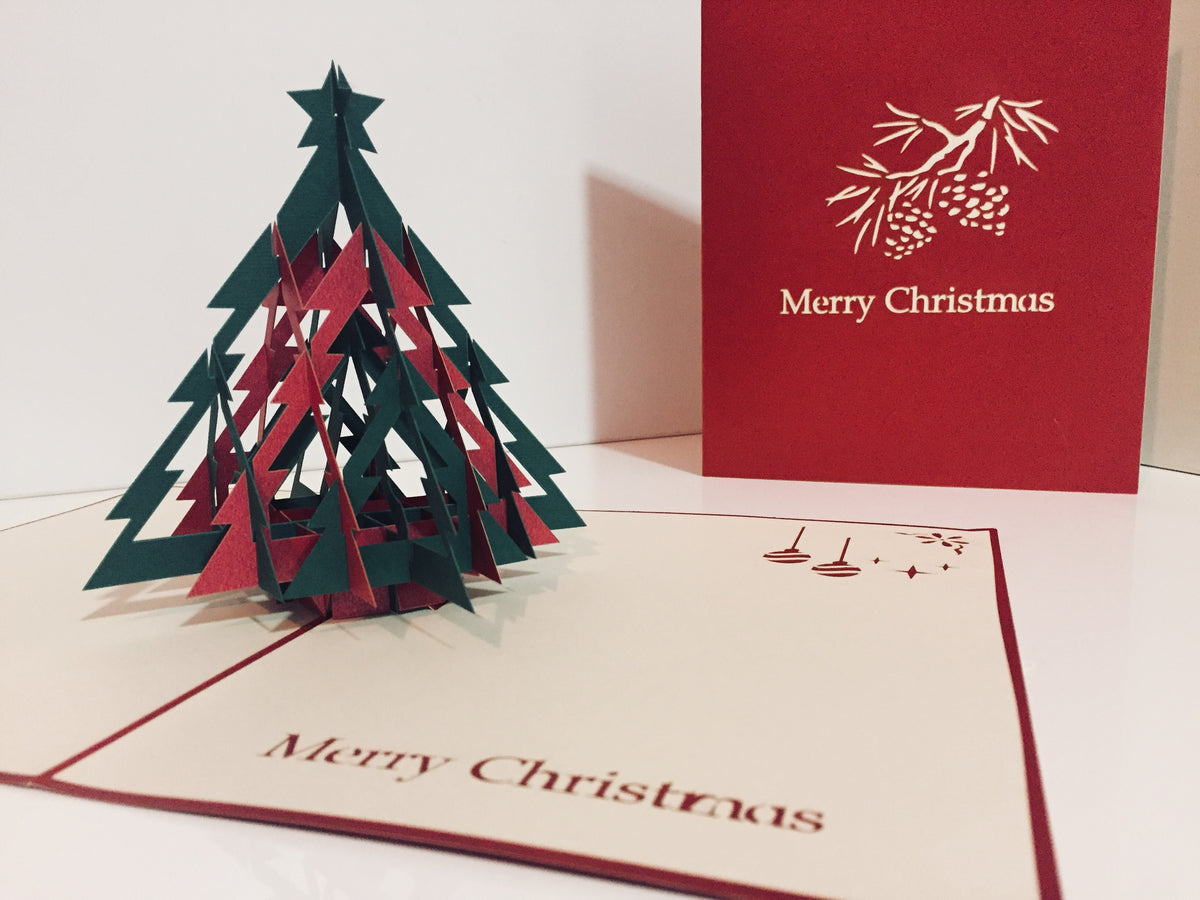 Metallic Christmas Large Tree in Red & Green Origami Pop Cards 3D Pop Up Greeting Card Merry Christmas Thank You Handmade Best Wishes Blank Card Gift Happy Holidays Celebrate the Special Day Party