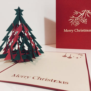 Metallic Christmas Large Tree in Red & Green Origami Pop Cards 3D Pop Up Greeting Card Merry Christmas Thank You Handmade Best Wishes Blank Card Gift Happy Holidays Celebrate the Special Day Party