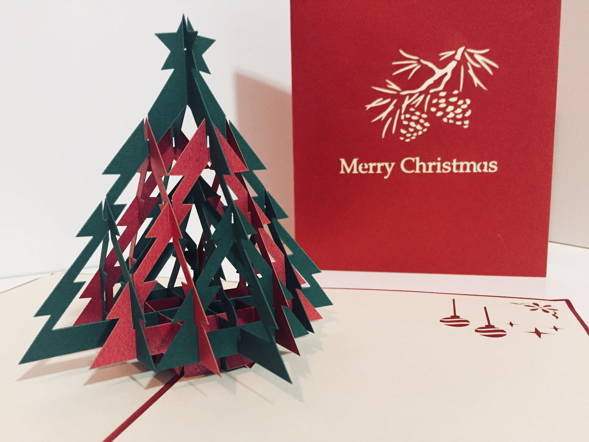 Metallic Christmas Large Tree in Red & Green Origami Pop Cards 3D Pop Up Greeting Card Merry Christmas Thank You Handmade Best Wishes Blank Card Gift Happy Holidays Celebrate the Special Day Party