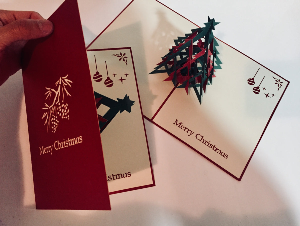 Metallic Christmas Large Tree in Red & Green Origami Pop Cards 3D Pop Up Greeting Card Merry Christmas Thank You Handmade Best Wishes Blank Card Gift Happy Holidays Celebrate the Special Day Party