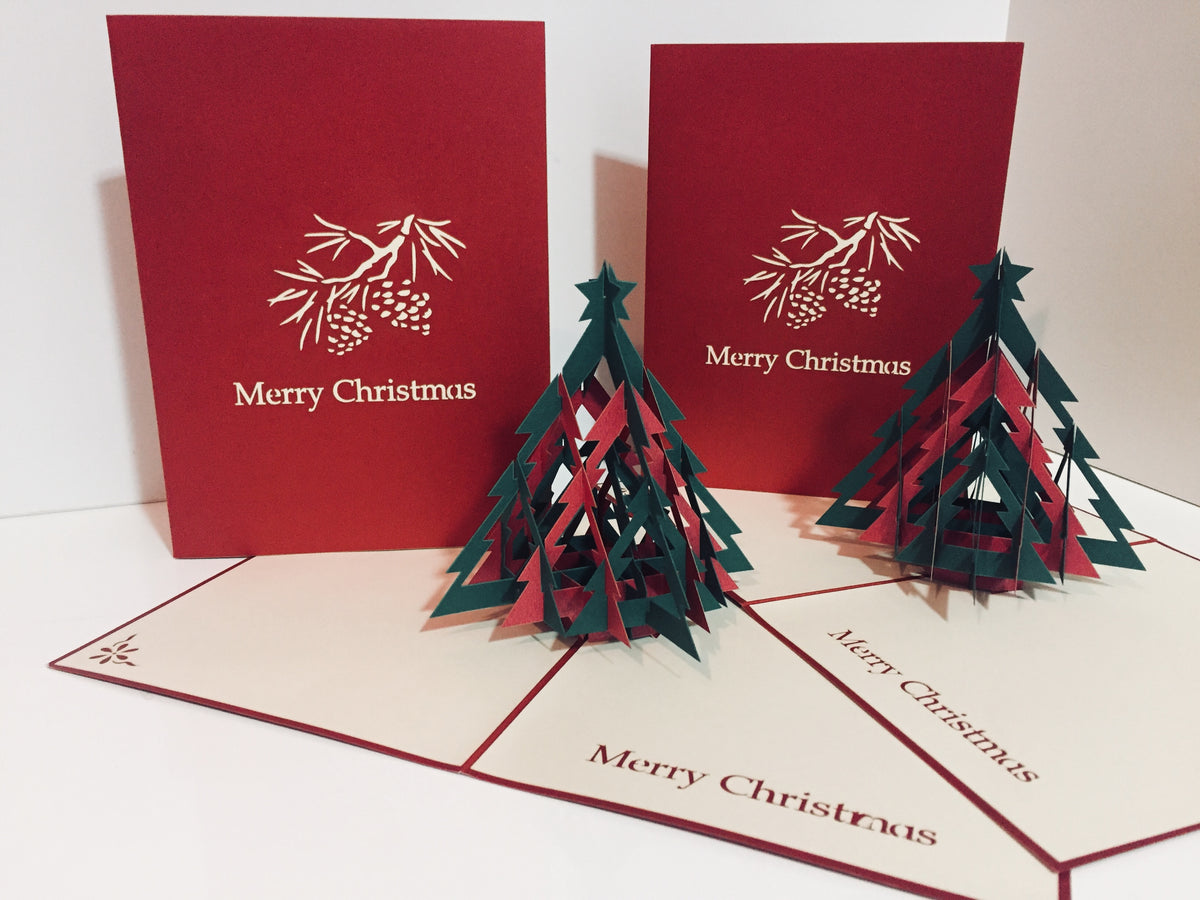 Metallic Christmas Large Tree in Red & Green Origami Pop Cards 3D Pop Up Greeting Card Merry Christmas Thank You Handmade Best Wishes Blank Card Gift Happy Holidays Celebrate the Special Day Party