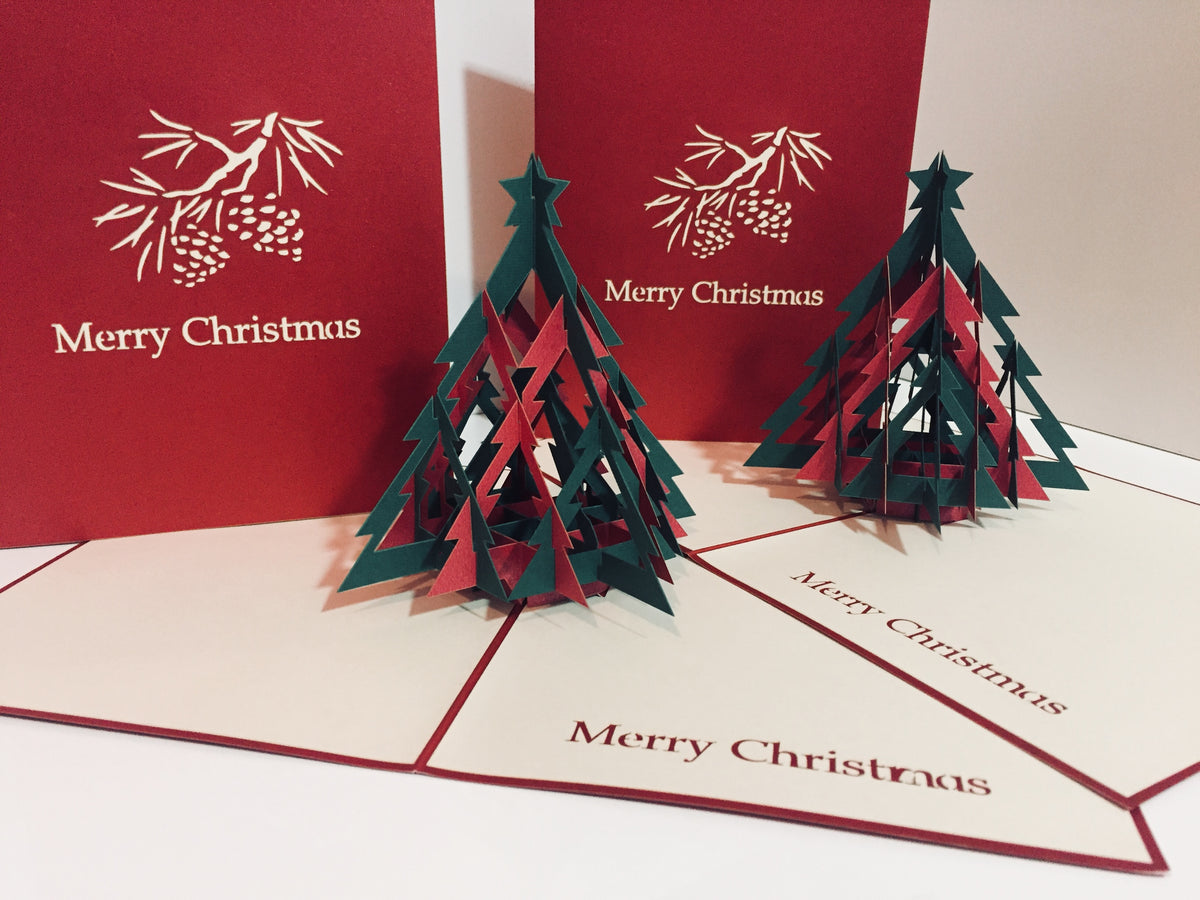 Metallic Christmas Large Tree in Red & Green Origami Pop Cards 3D Pop Up Greeting Card Merry Christmas Thank You Handmade Best Wishes Blank Card Gift Happy Holidays Celebrate the Special Day Party