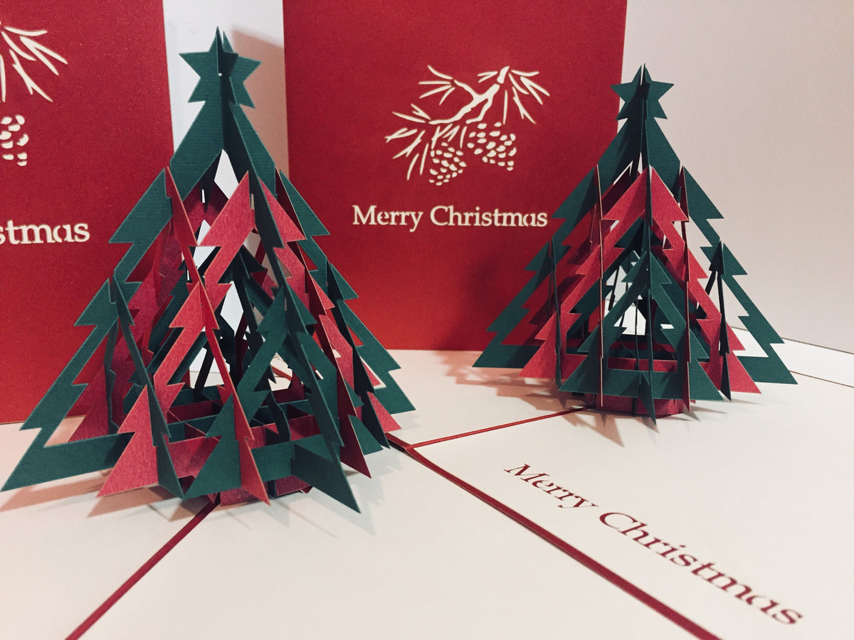 Metallic Christmas Large Tree in Red & Green Origami Pop Cards 3D Pop Up Greeting Card Merry Christmas Thank You Handmade Best Wishes Blank Card Gift Happy Holidays Celebrate the Special Day Party