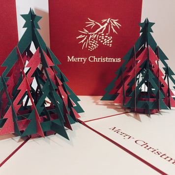 Metallic Christmas Large Tree in Red & Green Origami Pop Cards 3D Pop Up Greeting Card Merry Christmas Thank You Handmade Best Wishes Blank Card Gift Happy Holidays Celebrate the Special Day Party