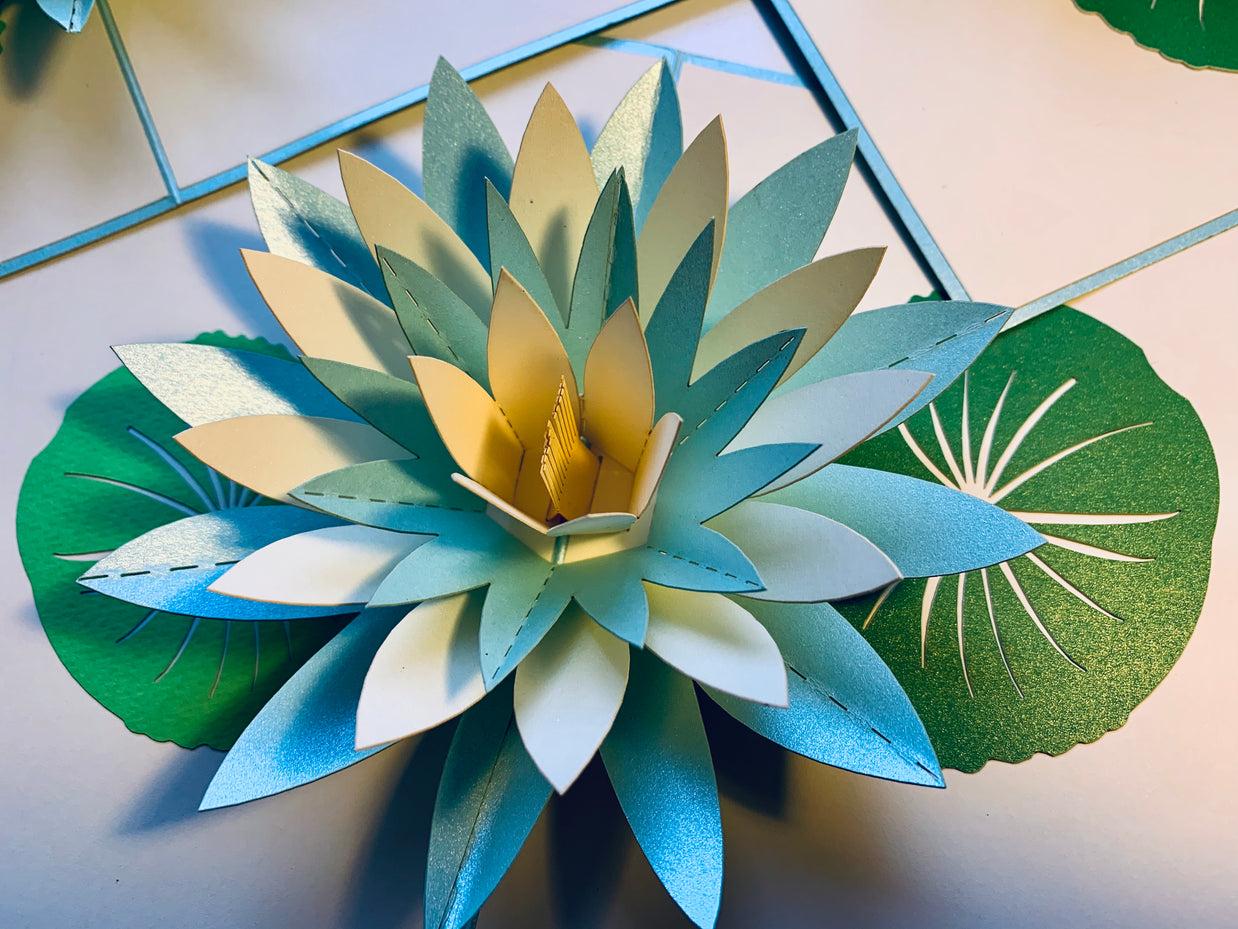Metallic Lotus in White & Baby Blue Origami Pop Cards 3D Pop Up Greeting Card Happy Birthday Thank You Handmade Gift Thinking of You Blank Card for Any Occasion Happy Mother's Day Happy Father's Australiana Celebrate the Beauty of Flower