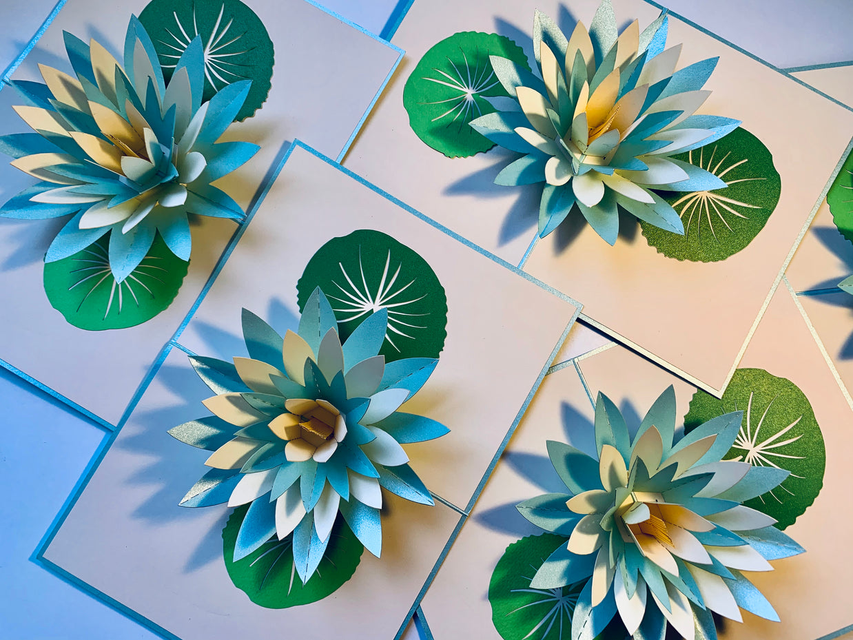 Metallic Lotus in White & Baby Blue Origami Pop Cards 3D Pop Up Greeting Card Happy Birthday Thank You Handmade Gift Thinking of You Blank Card for Any Occasion Happy Mother's Day Happy Father's Australiana Celebrate the Beauty of Flower