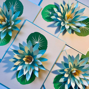 Metallic Lotus in White & Baby Blue Origami Pop Cards 3D Pop Up Greeting Card Happy Birthday Thank You Handmade Gift Thinking of You Blank Card for Any Occasion Happy Mother's Day Happy Father's Australiana Celebrate the Beauty of Flower